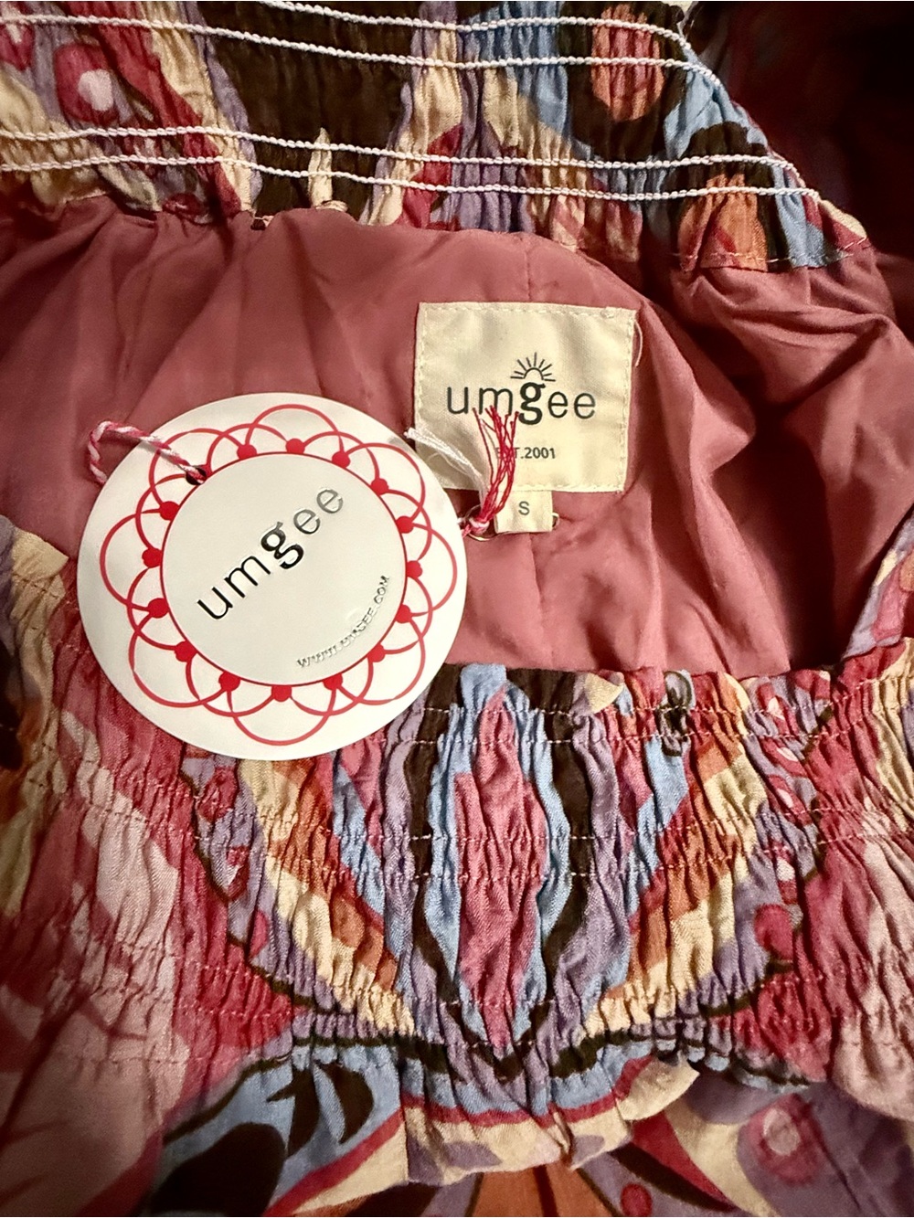 Umgee Boho Abstract Print Puff Sleeve Midi Dress Size Small NWT - Picture 3 of 8